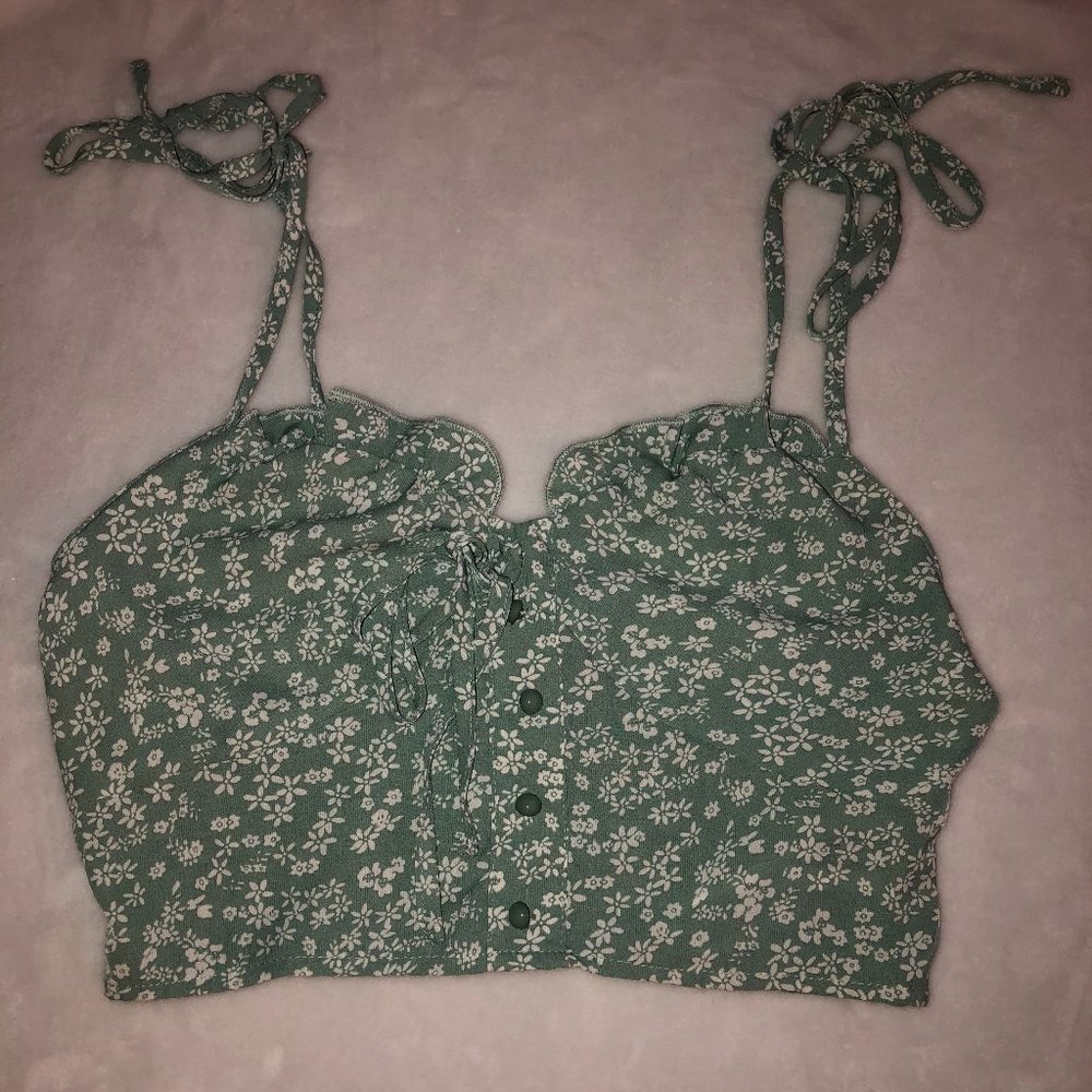 Light Green Floral Crop Top with Tie Sleeve Detail